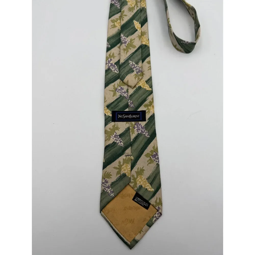 Vintage Yves Saint Laurent Necktie 100% Silk Tie Green Beige Floral Abstract Tie